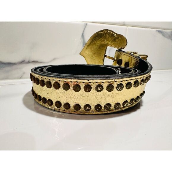 Vintage Leatherock Black Leather Belt with Stone and Gem Embellished Buckle